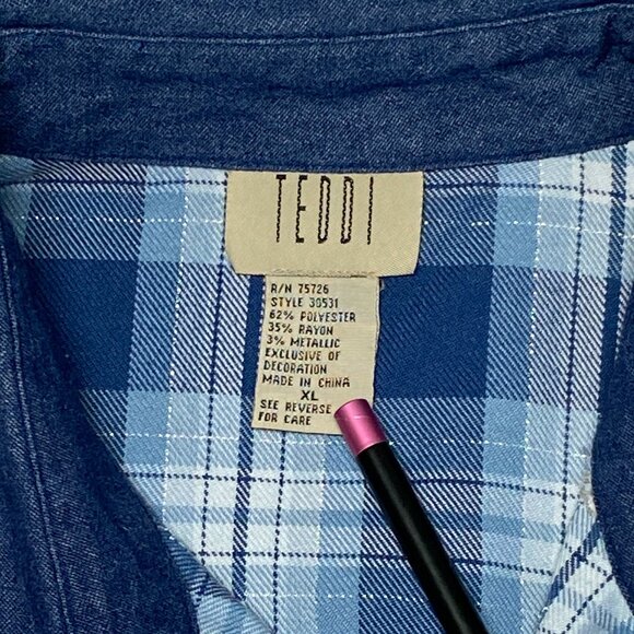 Long Sleeve Plaid Embroidered Front Mother of Pearl Button Shirt Blue XL Teddi - Picture 11 of 12